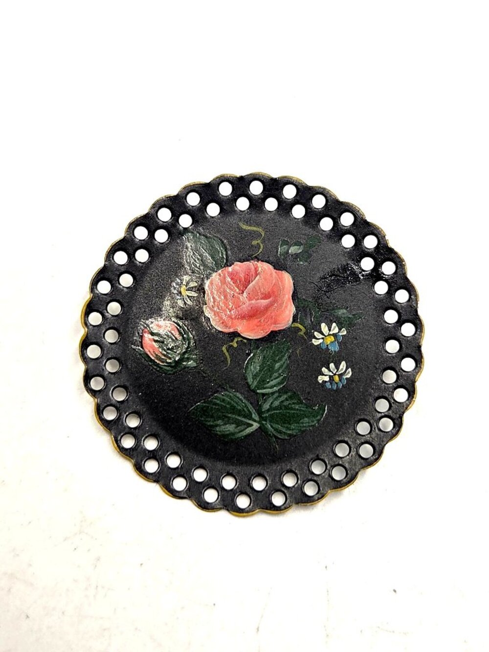 Hand-Painted Rose Floral Black Metal Brooch With Scalloped Edge Design